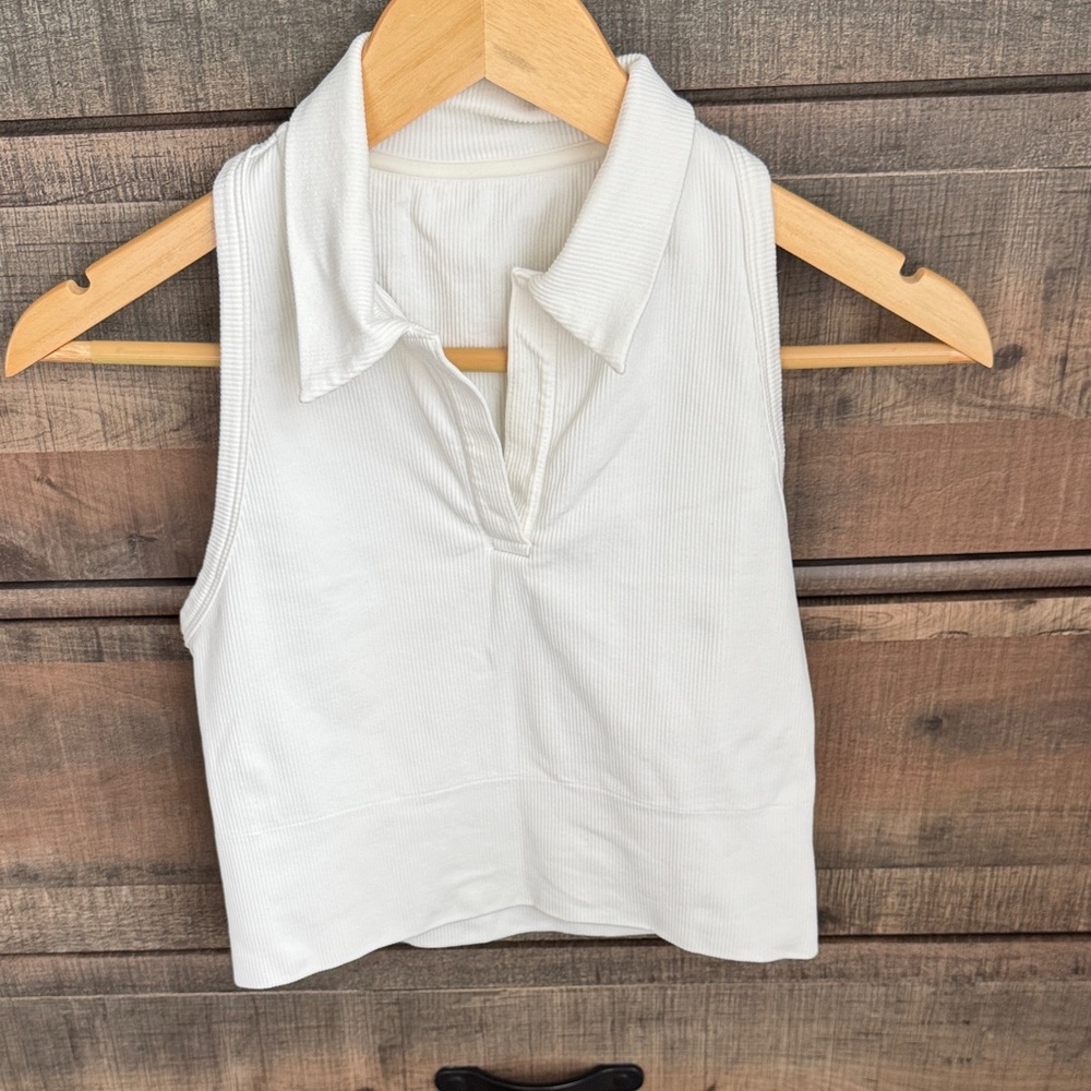 Athleta White Collared Crop Top ribbed